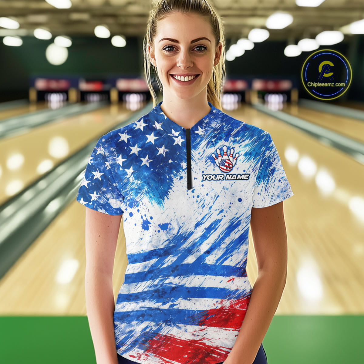 Red, White and Blue American Flag Bowling Shirts For Women Custom patriotic Team Bowling Jerseys NQS11505