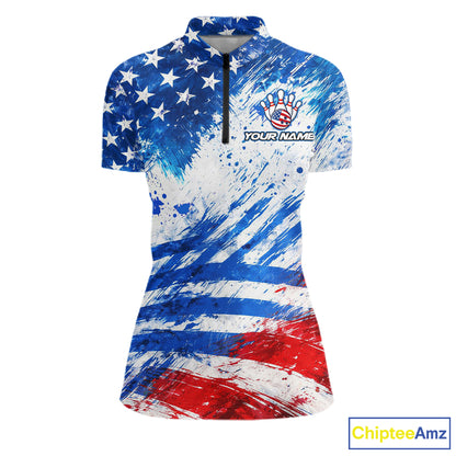 Red, White and Blue American Flag Bowling Shirts For Women Custom patriotic Team Bowling Jerseys NQS11505