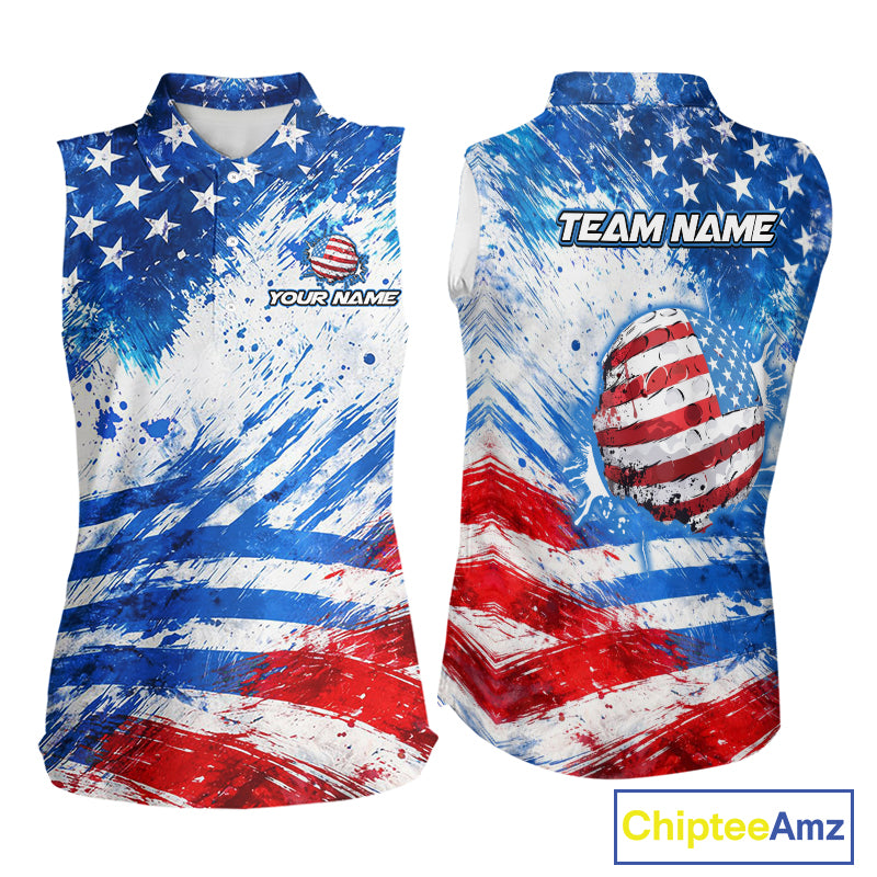 Red, White and Blue American Flag Sleeveless Golf Polo Shirts Custom patriotic Team womens golf tops NQS11506
