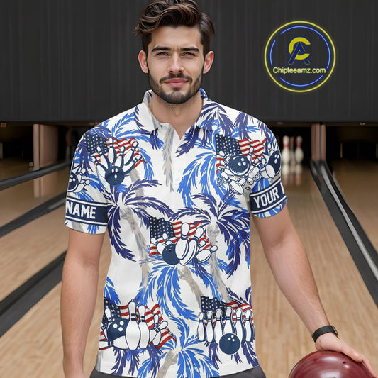 Blue Palm tropical pattern American Flag Bowling shirts For Men custom bowling team jerseys NQS11097
