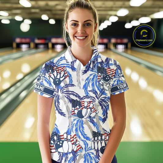 Blue Palm tropical pattern American Flag Bowling shirts For Women custom bowling team jerseys NQS11097