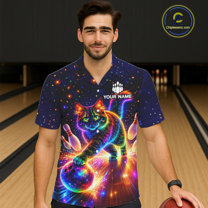 Personalized Hawaiian Bowling Shirts Custom Cat Team Bowling Apparel, Colorful Neon bowling shirts NQS11517