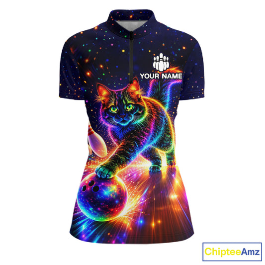 Personalized Bowling Shirts for Women Custom Cat Team Bowling Apparel, Colorful Neon bowling shirts NQS11517