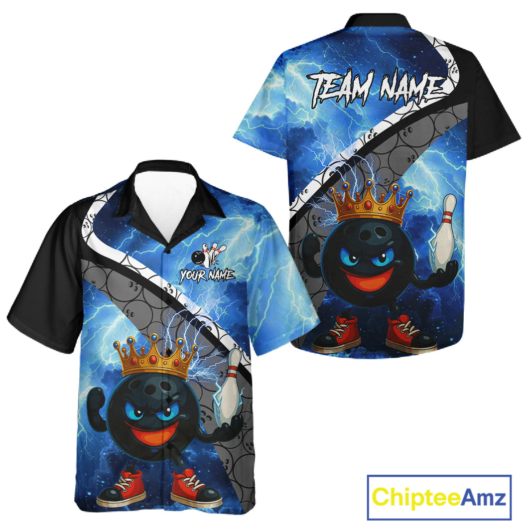 Funny King Crown Bowling Blue Lightning Thunder Bowling Hawaiian Shirt Custom Bowling Team Jersey NQS10928
