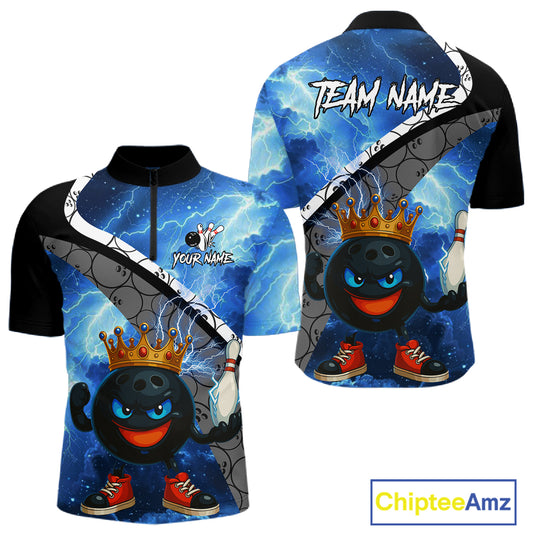 Funny King Crown Bowling Blue Lightning Thunder Bowling Shirts for Men Custom Bowling Team Jersey NQS10928