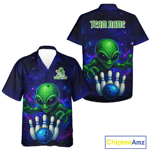 Funny Galaxy Alien Bowling Hawaiian shirt Custom Bowling Team Outfit, Gift For Bowler NQS10729