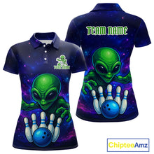 Load image into Gallery viewer, Funny Galaxy Alien Bowling Polo, 1/4 Zip Shirt For Women Custom Bowling Team Outfit, Gift For Bowler NQS10729