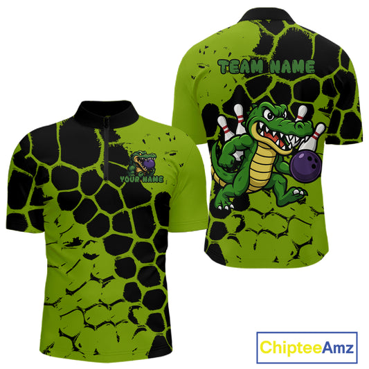 Black and Green Funny Alligator Bowling shirts for Men, Alligator Bowling Team Jersey NQS10739