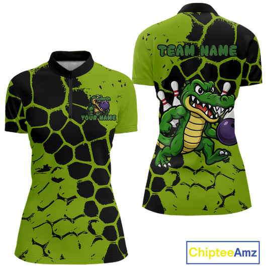Black and Green Funny Alligator Bowling shirts for Women, Alligator Bowling Team Jersey NQS10739