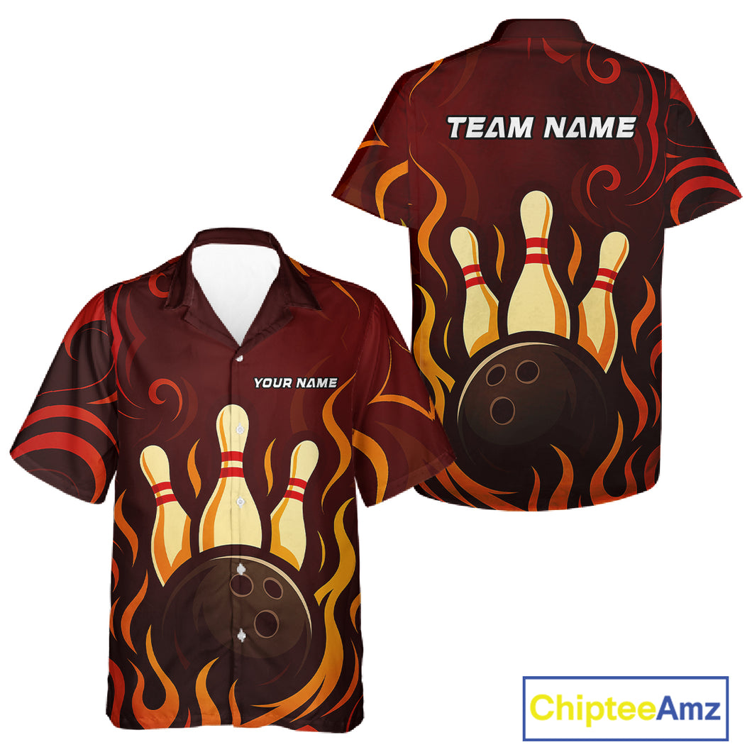 Red Flame Tribal Bowling Hawaiian Shirts Custom Team Bowling League Button up shirts NQS10747