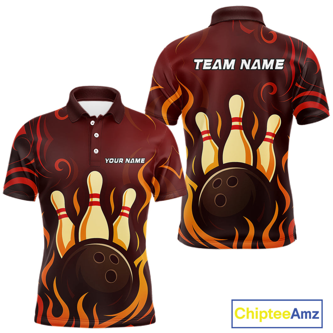 Red Flame Tribal Bowling Polo, Quarter Zip Shirts for Men Custom Team Bowling League Jerseys NQS10747