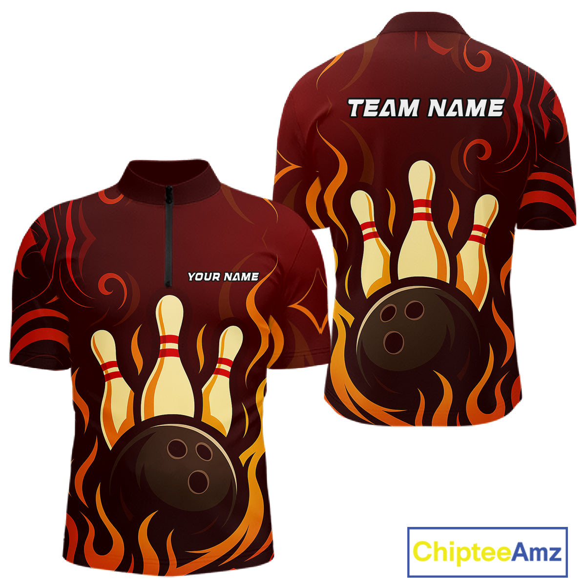 Red Flame Tribal Bowling Polo, Quarter Zip Shirts for Men Custom Team Bowling League Jerseys NQS10747