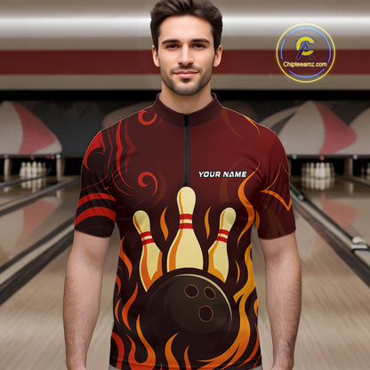 Red Flame Tribal Bowling Polo, Quarter Zip Shirts for Men Custom Team Bowling League Jerseys NQS10747
