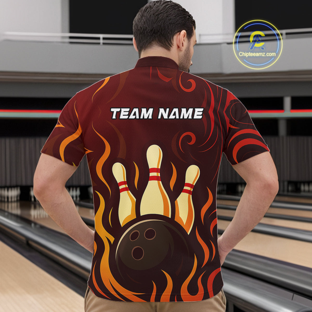 Red Flame Tribal Bowling Polo, Quarter Zip Shirts for Men Custom Team Bowling League Jerseys NQS10747
