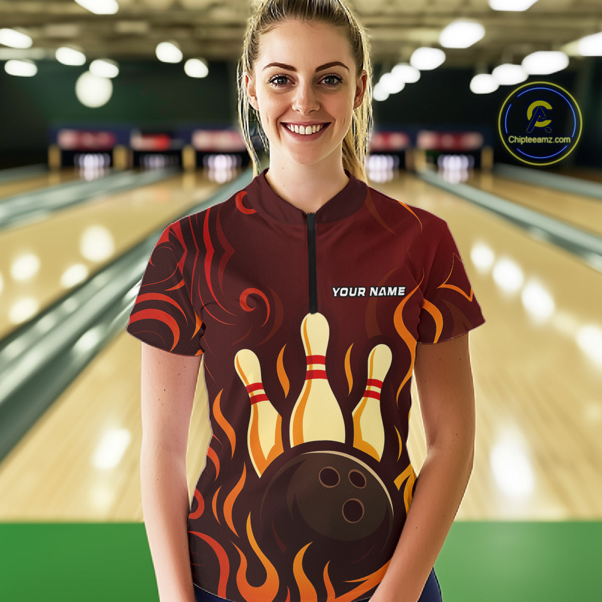 Red Flame Tribal Bowling Polo, Quarter Zip Shirts for Women Custom Team Bowling League Jerseys NQS10747