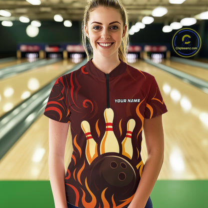 Red Flame Tribal Bowling Polo, Quarter Zip Shirts for Women Custom Team Bowling League Jerseys NQS10747