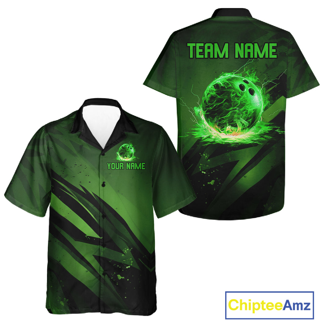 Custom Black and Green Flame Hawaiian Bowling Jersey, Team Bowling Button up shirt NQS11130