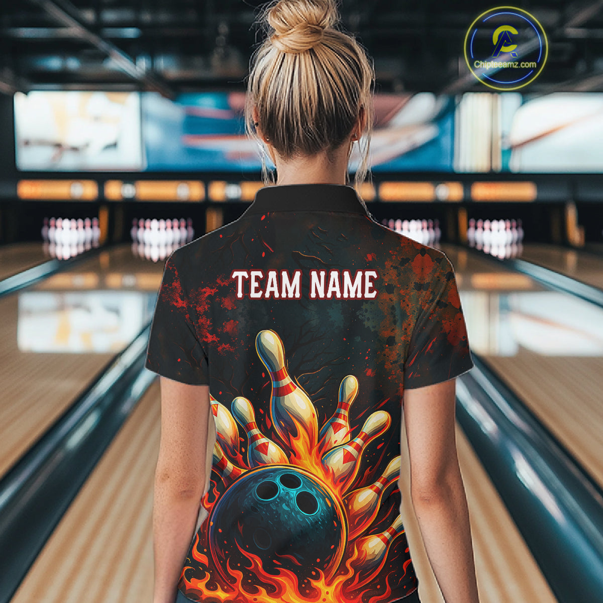 Red Flame Bowling Polo, Quarter Zip Shirts for Women Custom Team Bowling Outfit, Gift for Bowlers NQS10752