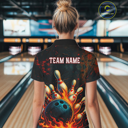 Red Flame Bowling Polo, Quarter Zip Shirts for Women Custom Team Bowling Outfit, Gift for Bowlers NQS10752