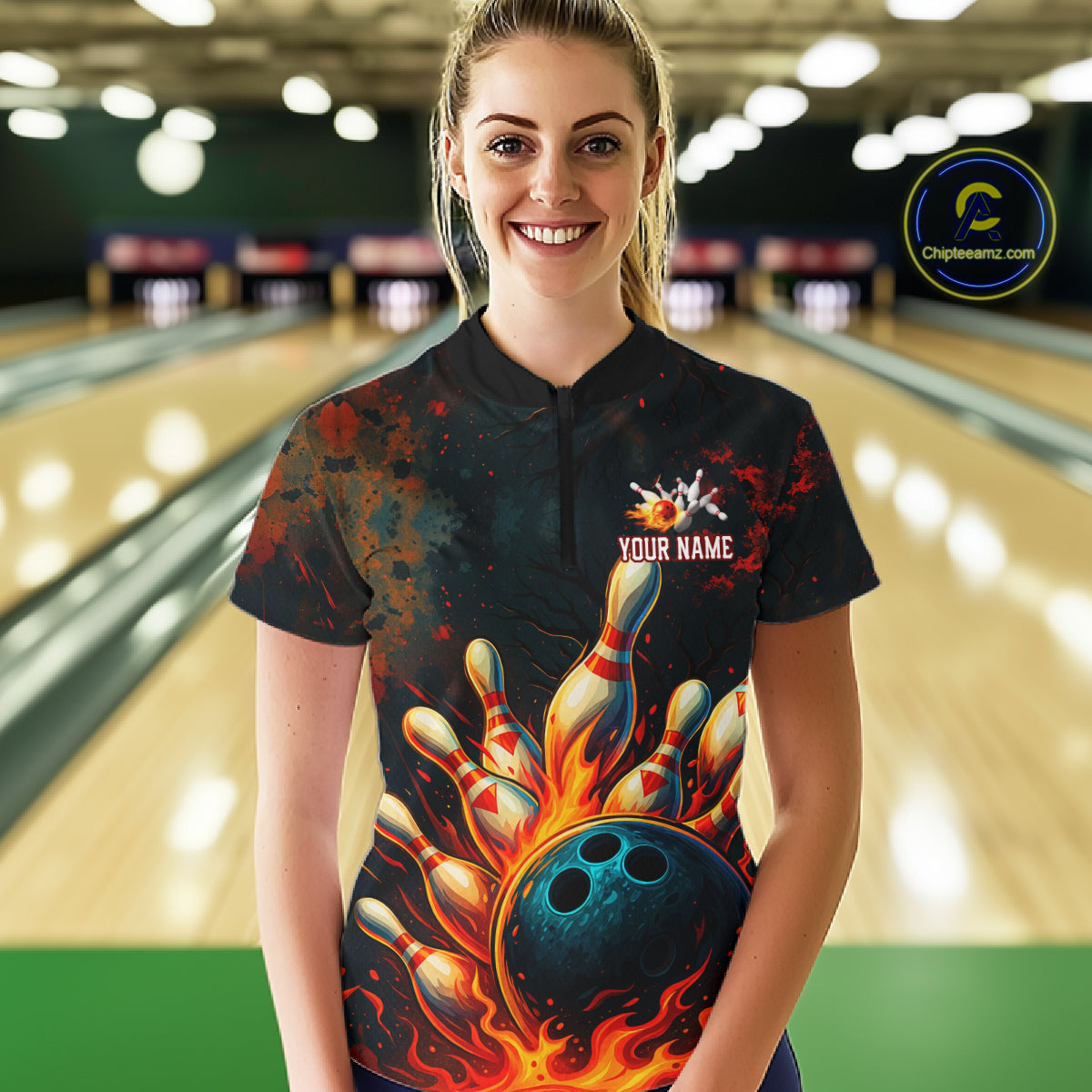 Red Flame Bowling Polo, Quarter Zip Shirts for Women Custom Team Bowling Outfit, Gift for Bowlers NQS10752