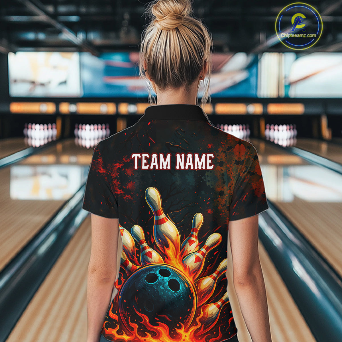 Red Flame Bowling Polo, Quarter Zip Shirts for Women Custom Team Bowling Outfit, Gift for Bowlers NQS10752
