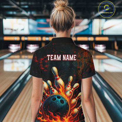 Red Flame Bowling Polo, Quarter Zip Shirts for Women Custom Team Bowling Outfit, Gift for Bowlers NQS10752