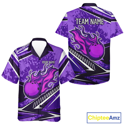 Purple Camo Flame Bowling Hawaiian Shirt Custom Bowling Team Button Up Shirts NQS10754