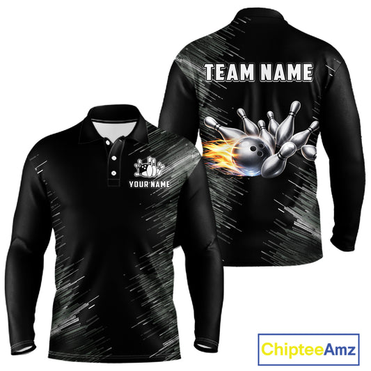 Black and silver Flame Bowling Shirts For Men Custom Team Bowling jerseys, Gift For Bowlers NQS11341