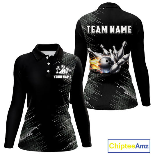 Black and silver Flame Bowling Shirts For Women Custom Team Bowling jerseys, Gift For Bowlers NQS11341