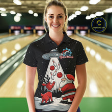 Load image into Gallery viewer, Funny Santa UFO Alien Black Women Bowling Polo, 1/4 Zip Shirts Custom Christmas Team Bowling Jersey NQS10766