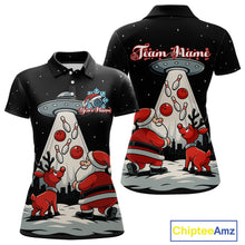 Load image into Gallery viewer, Funny Santa UFO Alien Black Women Bowling Polo, 1/4 Zip Shirts Custom Christmas Team Bowling Jersey NQS10766