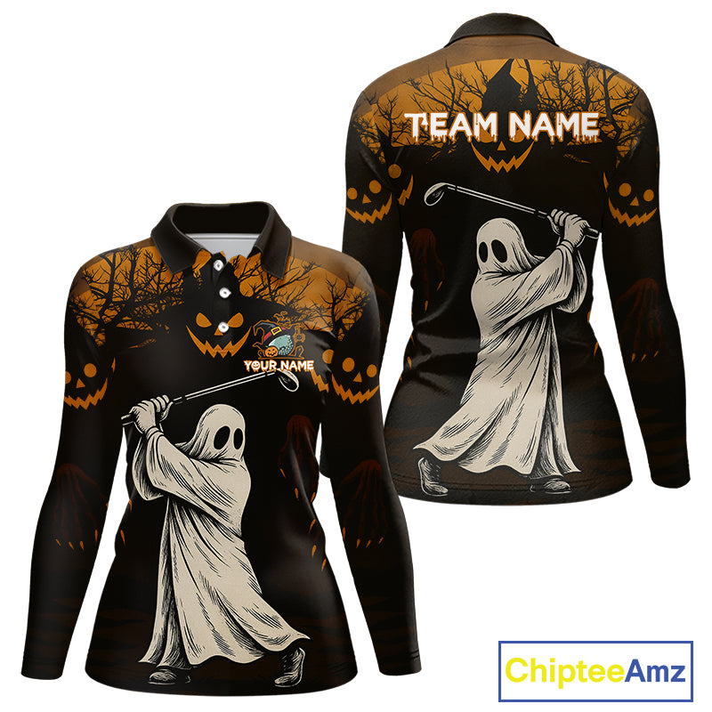 Funny black and orange Ghost Golfer Halloween Golf Polo Shirt For Women Custom golf attire for ladies NQS10767