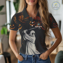 Load image into Gallery viewer, Funny black and orange Ghost Golfer Halloween Golf Polo Shirt For Women Custom golf attire for ladies NQS10767