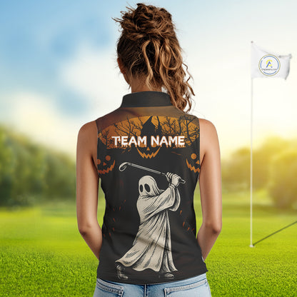 Funny black and orange Ghost Golfer Halloween Sleeveless Polo Shirt Custom golf attire for ladies NQS10767