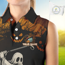 Load image into Gallery viewer, Funny black and orange Ghost Golfer Halloween Sleeveless Polo Shirt Custom golf attire for ladies NQS10767