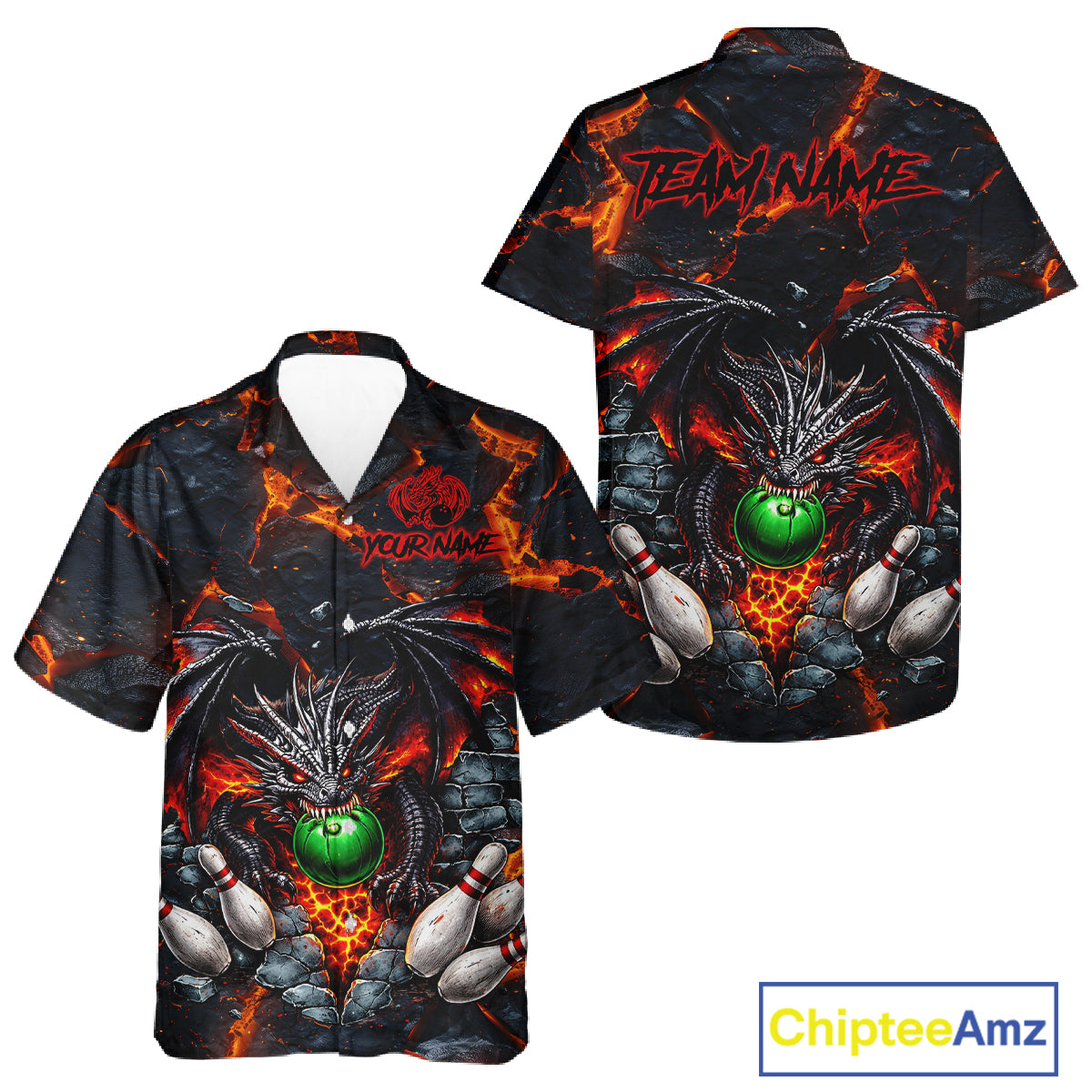 Custom Black & Orange Magma Dragon Bowling Shirts, Dragon Bowling Team Hawaiian shirt NQS11559