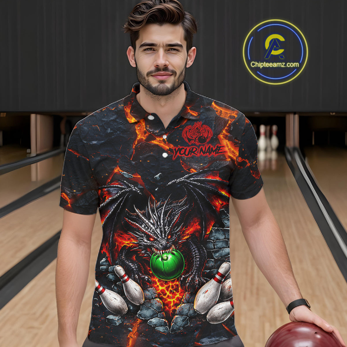 Custom Black And Orange Magma Dragon Bowling Shirts, Dragon Bowling Team Polo, 1/4 zip Jersey For Men NQS11559