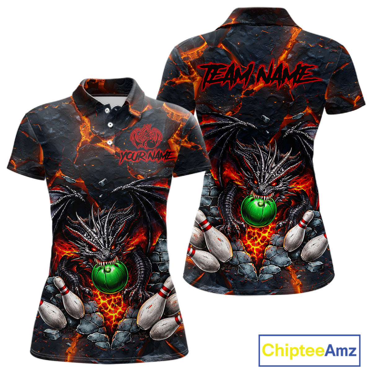 Custom Black & Orange Magma Dragon Bowling Shirts, Dragon Bowling Team Polo, 1/4 zip Jersey For Women NQS11559