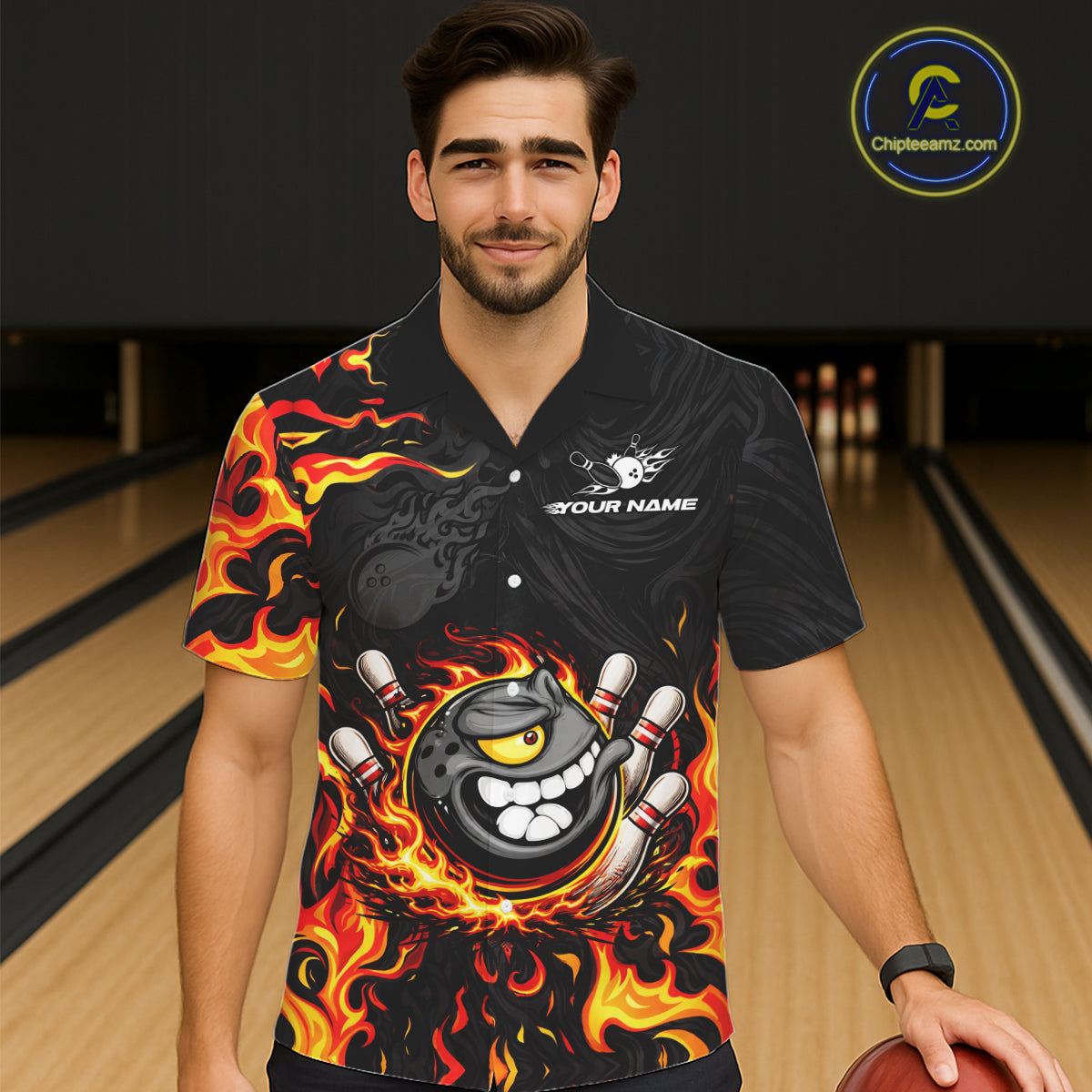 Funny Angry Bowling Button-up Shirt Custom Black and Orange Flame Bowling Hawaiian Team jerseys NQS11683