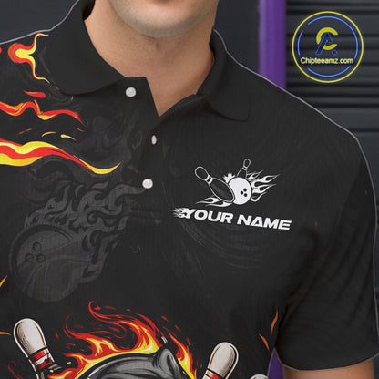 Funny Angry Bowling Polo, 1/4 Zip Shirt for Men Custom Black and Orange Flame Bowling Team jerseys NQS11683