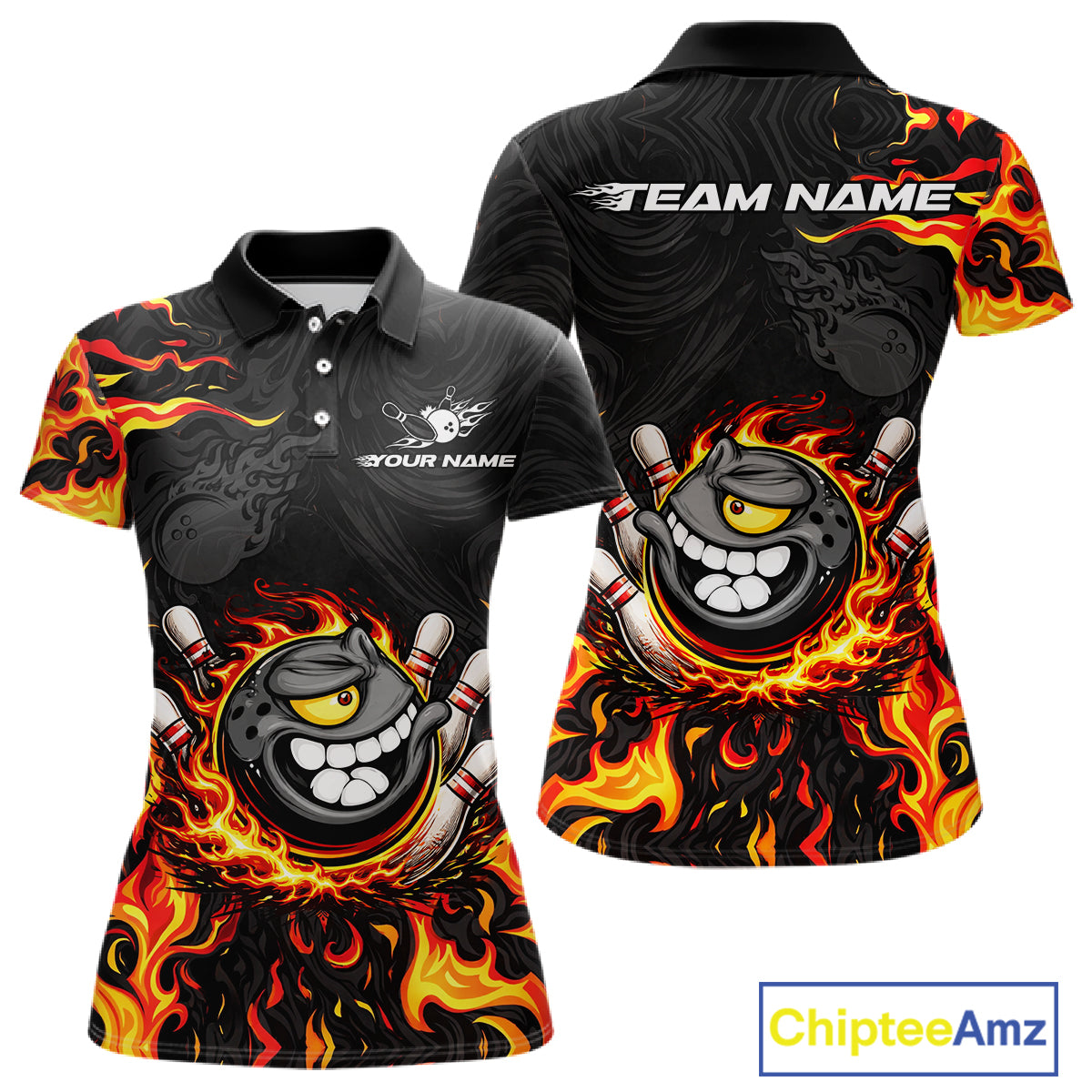 Funny Angry Bowling Polo, 1/4 Zip Shirt for Women Custom Black and Orange Flame Bowling Team jerseys NQS11683