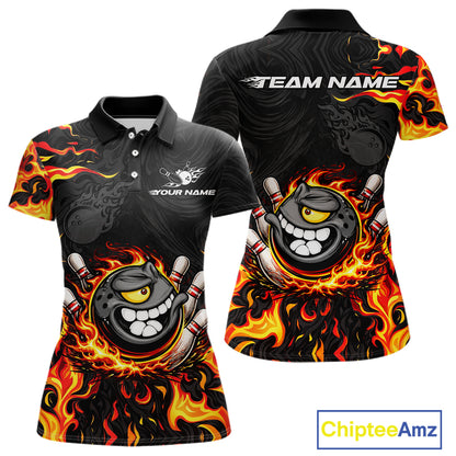 Funny Angry Bowling Polo, 1/4 Zip Shirt for Women Custom Black and Orange Flame Bowling Team jerseys NQS11683