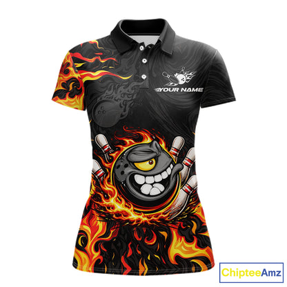 Funny Angry Bowling Polo, 1/4 Zip Shirt for Women Custom Black and Orange Flame Bowling Team jerseys NQS11683