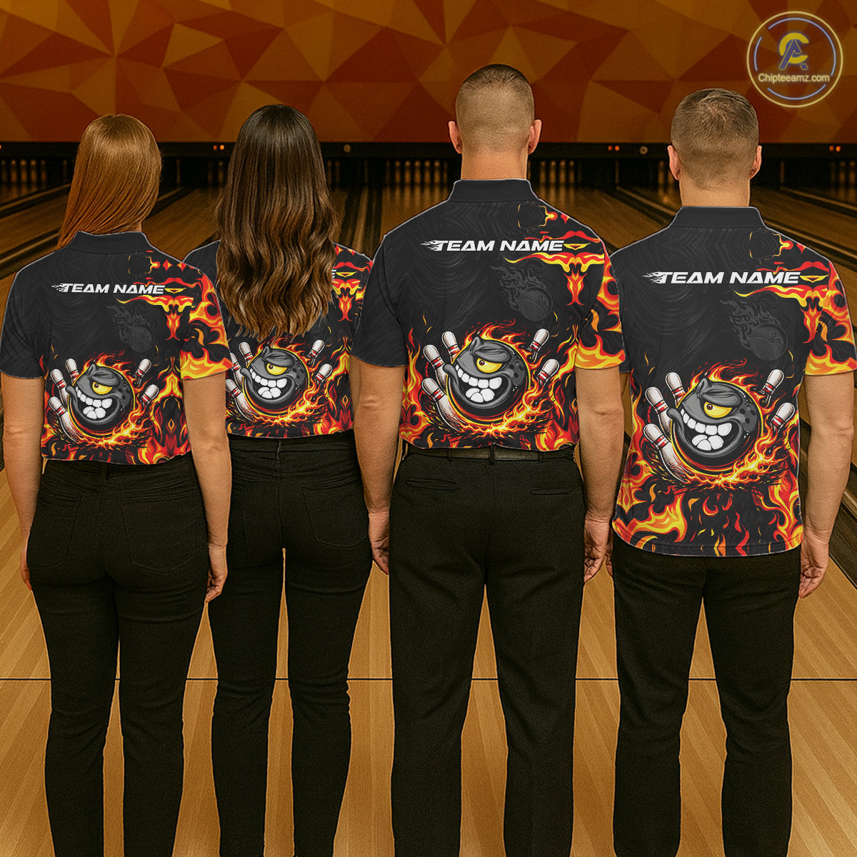 Funny Angry Bowling Polo, 1/4 Zip Shirt for Men Custom Black and Orange Flame Bowling Team jerseys NQS11683