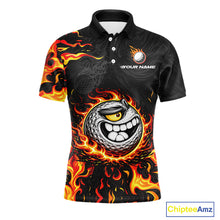 Load image into Gallery viewer, Funny Angry Golf Ball Golf Polo Shirts For Men Custom Black and Orange Flame mens golf apparel NQS11684