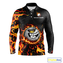 Load image into Gallery viewer, Funny Angry Golf Ball Golf Polo Shirts For Men Custom Black and Orange Flame mens golf apparel NQS11684