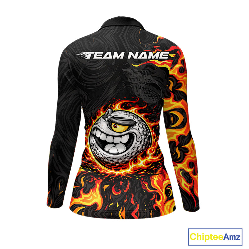 Funny Angry Golf Ball Golf Polo Shirts For Women Custom Black and Orange Flame ladies golf apparel NQS11684