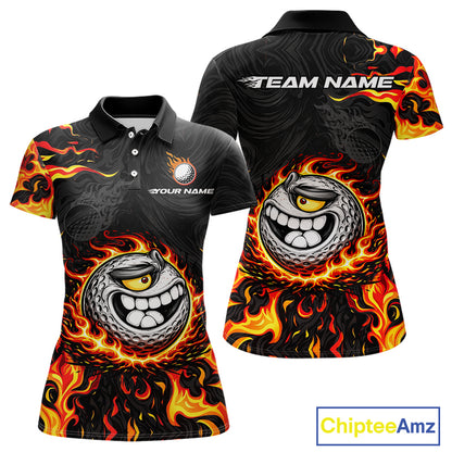 Funny Angry Golf Ball Golf Polo Shirts For Women Custom Black and Orange Flame ladies golf apparel NQS11684