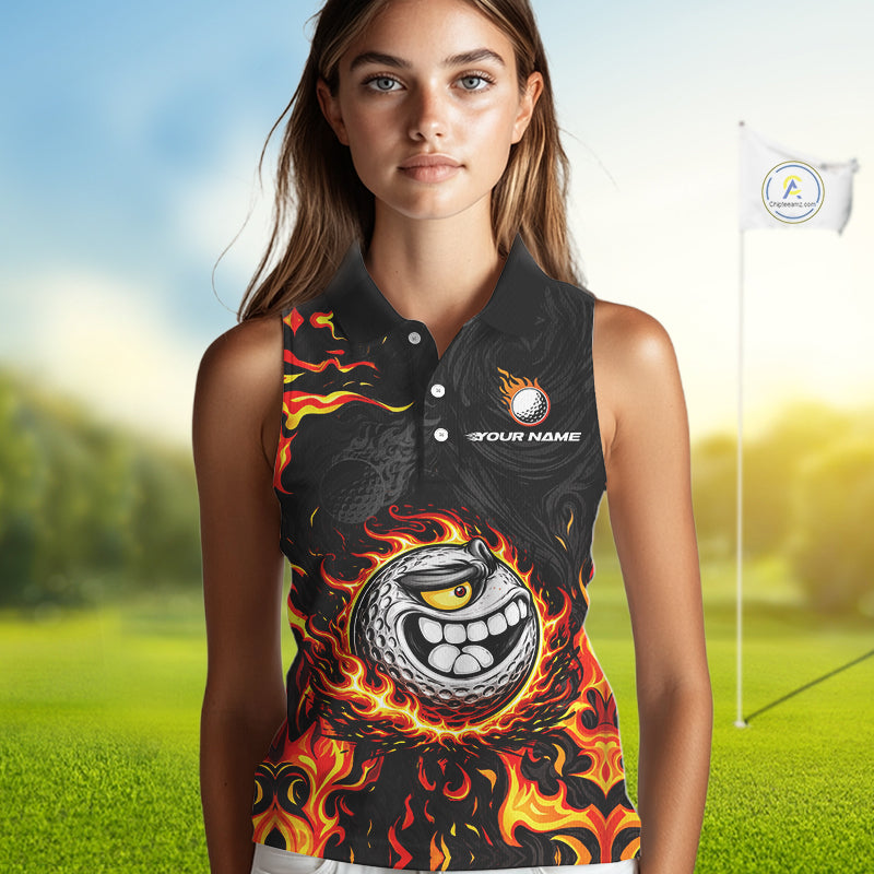 Funny Angry Golf Ball Sleeveless Golf Polo Shirt Custom Black and Orange Flame ladies golf apparel NQS11684