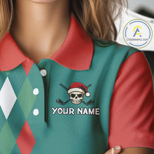 Load image into Gallery viewer, Green, Red &amp; White Christmas argyle pattern Skull Golf Polo Shirt For Women Custom ladies golf outfit NQS10770